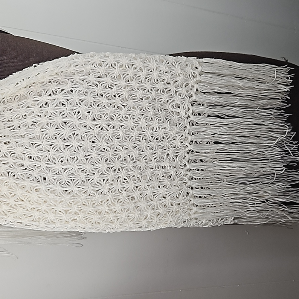 ivory open weave Wrap Shawl large scarf  long fringe hippie boho style Warm Cosy